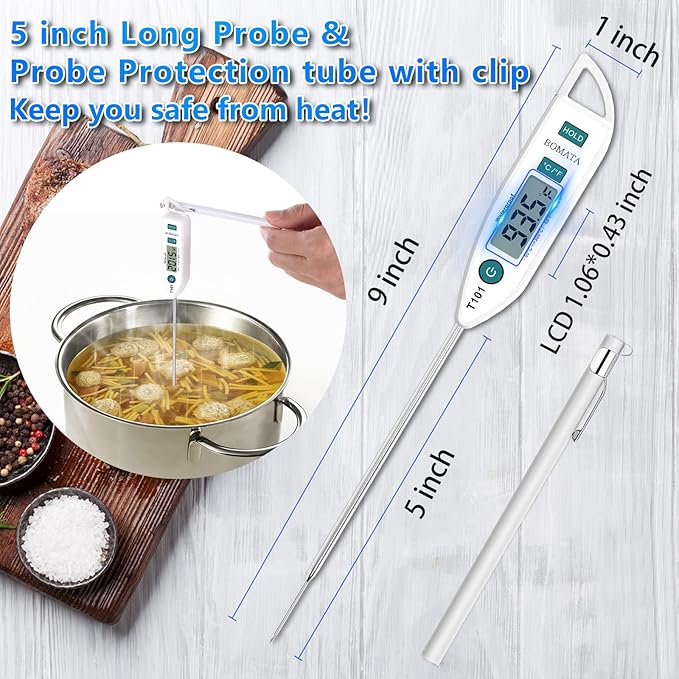 BOMATA Digital Water Thermometer for Liquid, Meat, Cooking, IPX7 Waterproof | Instant Read Food Thermometer, 5in Long Probe for Candle, Water, Meat, BBQ! T101 (White Color)…