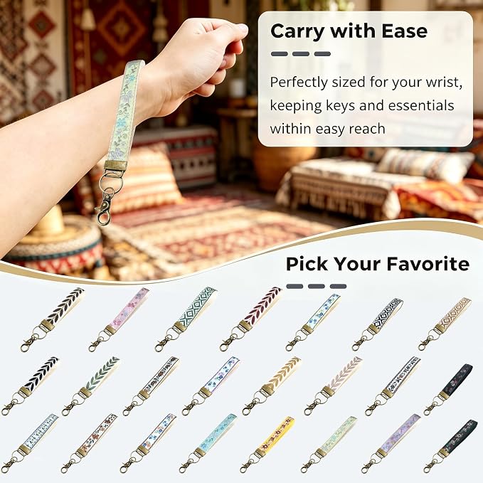 Boho Vintage Embroidered Floral plant Wristlet Keychain for Women | Cute Lanyard&Antique Brass Clasp, Lightweight Hands-Free Key Holder for keys,purses,handbags and daily outdoor use for ladies