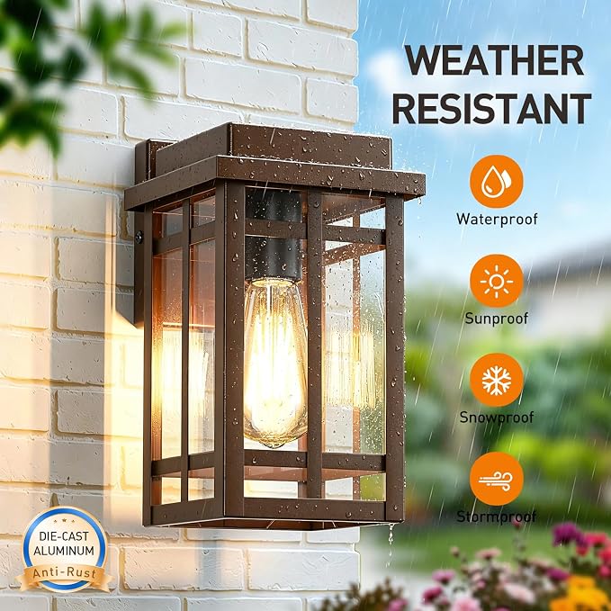 9.76'' Outdoor Wall Light Fixtures 2 Packs, Porch Lights Lantern | Waterproof Exterior Modern Brown Wall Mount Lighting, Anti-Rust E26 Outside Scones for House Front Door Garage, 2 Packs
