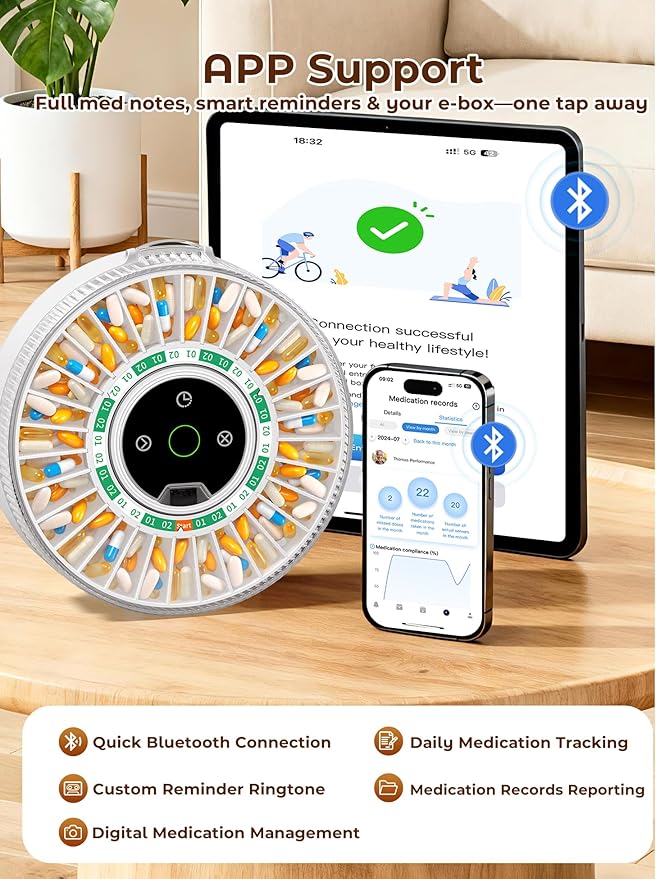 Betife Automatic Pill Dispenser for Elderly with Alarm – 31-Slots | Senior-Friendly,App Support,Fingerprint Unlock, Child-Proof,Bluetooth-Enabled