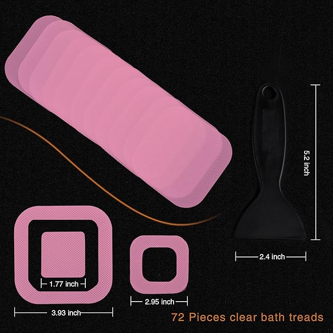 Non-Slip Bathtub Stickers, 72 PCS Safety Bathroom Tubs Showers Treads Adhesive Decals Scraper (Pink)