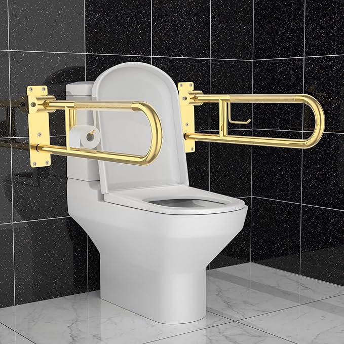 Toilet Grab Bar 22.4 Inch Gold, Munzong Anti-Slip Handicap Grab Bars with Paper Holder, Flip-Up Bathroom Safety Rails, Stainless Steel Knurled Support handrails for Seniors Elderly Disabled Pregnant