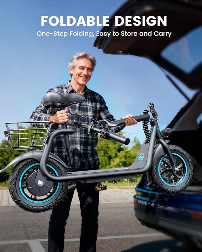 C1 Electric Scooter with Seat for Adults, 450W Powerful Motor, 20 Mile Long Range, 16 Mph Foldable Commuter E-Scooter with Basket for Daily Commute, Grocery, or Pet Travel – Matte Black