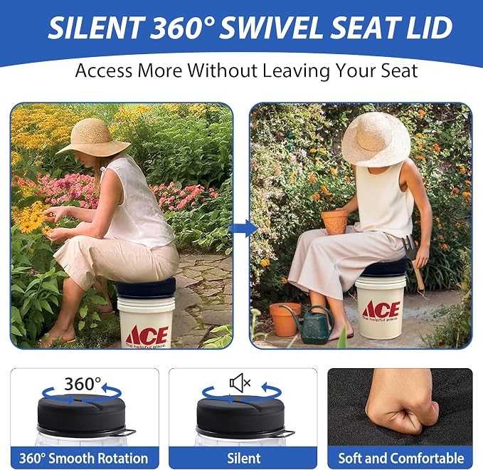 5 Gallon Bucket Seat with 3" Thick Seat Foam Cushion, 360°Swivel Bucket Lid Seat, Waterproof & Silent Bucket Seats for Dove Duck Hunting, Ice Fishing, Baseball, Camping
