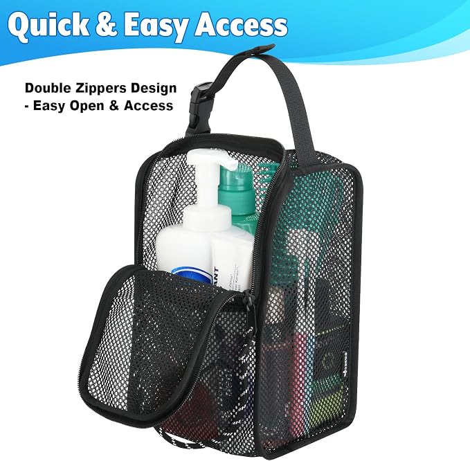 Mesh Shower Caddy Hanging Shower Organizer Tote Bag Portable Toiletry Organizer, Quick Dry Bath Bag with Double Zippers Opening for Travel Gym Swimming Beach Camping & Dorm Room