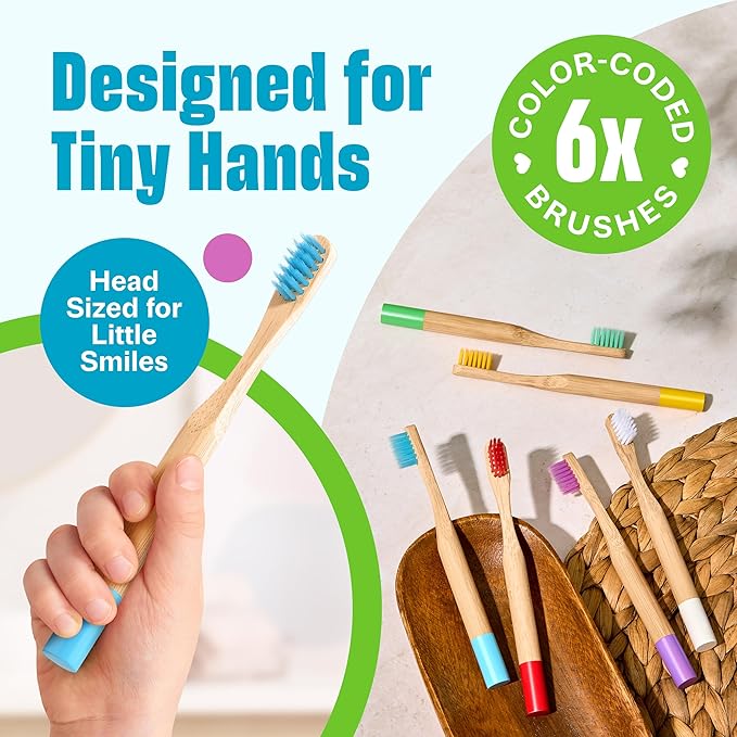 Kids Toothbrush with Soft Bristles 6 Pack - Toddler Toothbrush with Colorful Bamboo Handles // Kids Bamboo Toothbrushes // Kid Tooth Brush // Childrens Toothbrushes Set