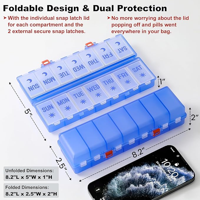 Foldable Pill Organizer 2 Times a Day w/Etched Labels -Dual Protection & Portable Weekly AM PM Pill Box, 7 Day Medicine Container, Large Travel Pill Case for Week Daily Supplement Vitamin -Clear Blue