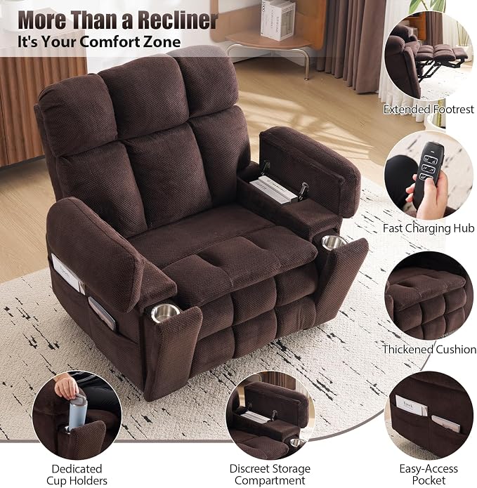 Power Lift Recliner Chair for Elderly, Dual Motor Oversized Recliner with Heat & Massage, Adjustable Headrest, Lay Flat Zero Gravity Recliner with Cup Holder, USB/Type-C Ports & Storage-Brown