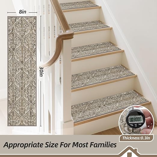 BEQHAUSE Stair Treads for Wooden Steps Non-Slip Machine Washable Carpet Stair Treads 8"X30" Soft Indoor Stair Runner for Kids Elders and Pets, 100% Polyester, TPE Backing, 4pcs, Beige/Malt Yellow
