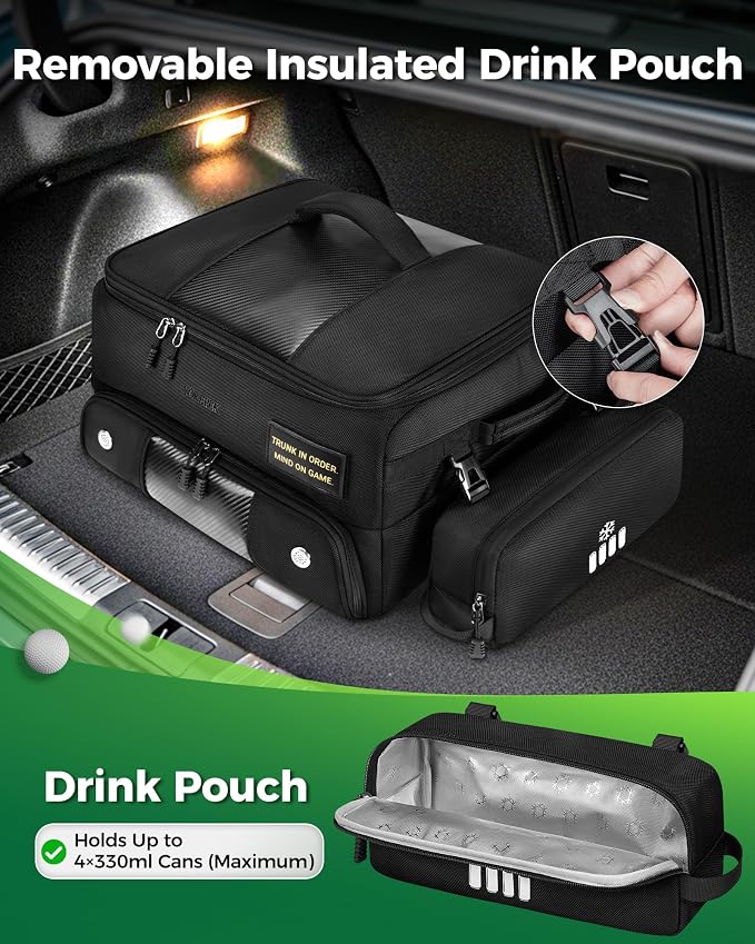 YOREPEK Upgraded Golf Trunk Organizer with Removable Insulated Pouch | Golf Gifts for Men, Golf Organizer with Dust-Proof Protective Layer, Multi-Compartment fit 2 Pairs of Shoes, Golfing Stuff