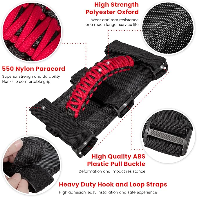 4 x Roll Bar Grab Handles Grip Handle for Jeep Wrangler JK JKU JL JLU TJ YJ Sports Sahara Freedom Rubicon Unlimited Gladiator JT 1955-2023 UTV ATV Premium 550 Paracord Interior Accessories (Red)
