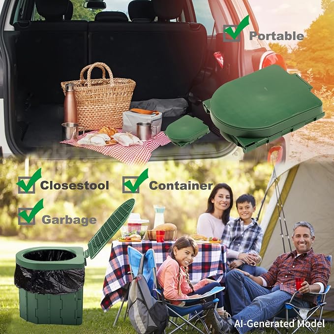 KINSPORY Camping Toilet, Portable Toilet for Adults & Kids, Foldable Potty & Outdoor Emergency Sanitation Products, Trash Can, Stool for Car Truck Camping Travel Hiking Fishing Long Trips (Green)