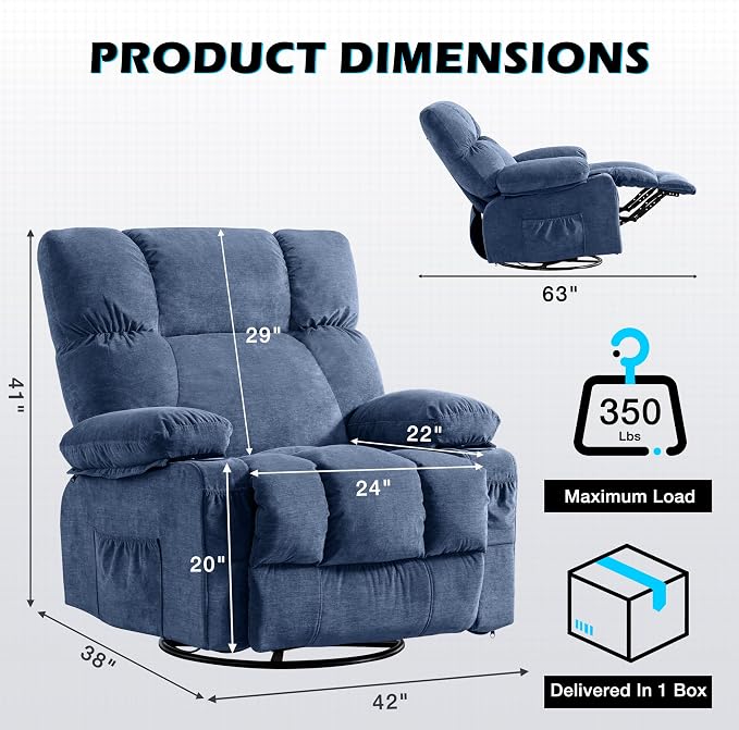 MAHOMICO Oversized Recliner Chair with Massage and Heat, 360° Swivel Rocker | Fabric swivel rocker recliner with ergonomic support, USB charging, cup holders and side pocket for living room