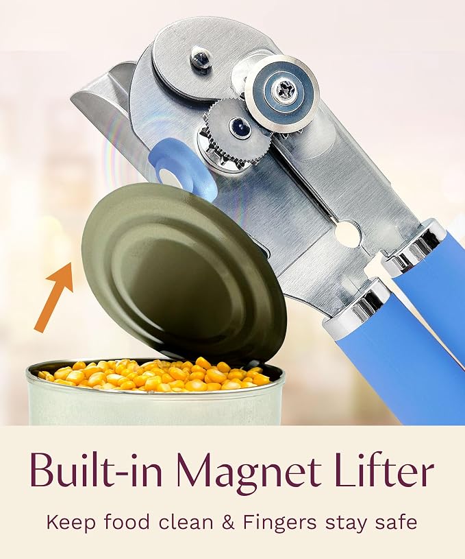 Heavy Duty Manual Can Opener with Magnetic Lid Lifter, Blue | Premium Stainless Steel Body, Sharp Cutting Blade, Oversized Easy-Turn Knob, Soft-Touch Handle, Bottle Opener, Kitchen Use