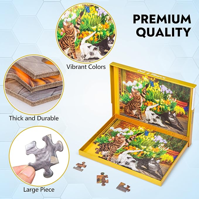 Assistex Large Piece Jigsaw Puzzle for Seniors with Dementia with Conversation Prompts, Large Piece Memory Game for Adults, Elderly, and Dementia Patients – Cats Puzzle, 63 pcs