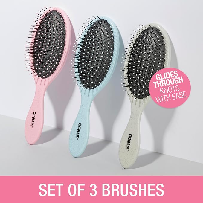 Conair Detangling Hair Brush Set 3 Pack, Use Wet and Dry, Ideal for All Hair Types, Detangling Brushes for women and girls, gifts for her, Glitter Silver, Blue, Pink