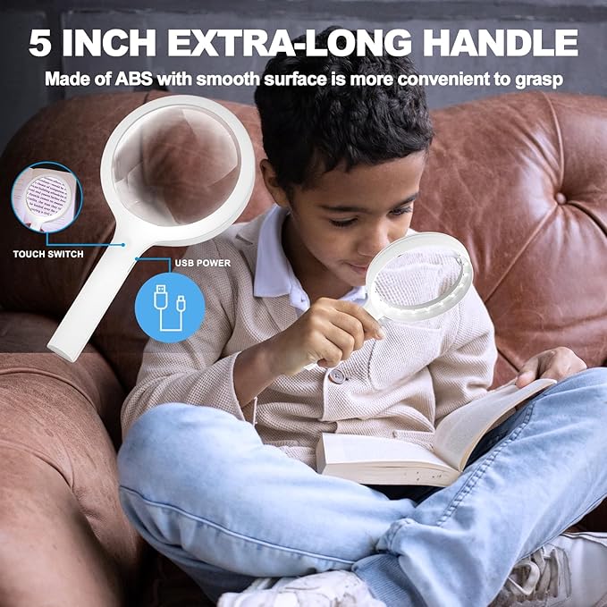 30X Charge Magnifying Glass with Light, NUEYiO 4.33Inch Large Handheld Magnifying Glass 20 Daylight LEDs, Third Gear Dimming Lighted Magnifier for Seniors Reading Inspection Coin Collection Jewelry