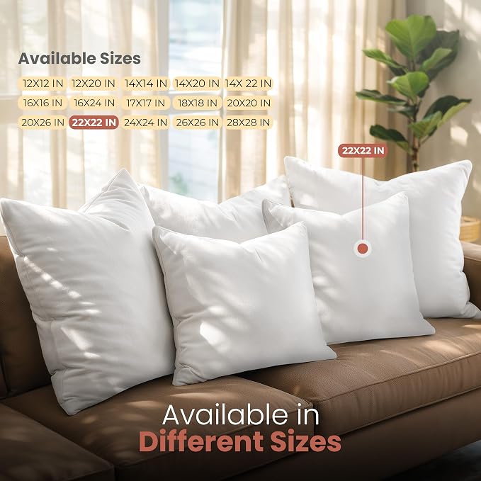 Utopia Bedding 22x22 Pillow Inserts, White Throw Pillows for Couch, 2 Pack | Indoor cushion inserts for bed, sofa & couch, Supportive & fluffy decorative pillows for everyday comfort, Set of 2, White