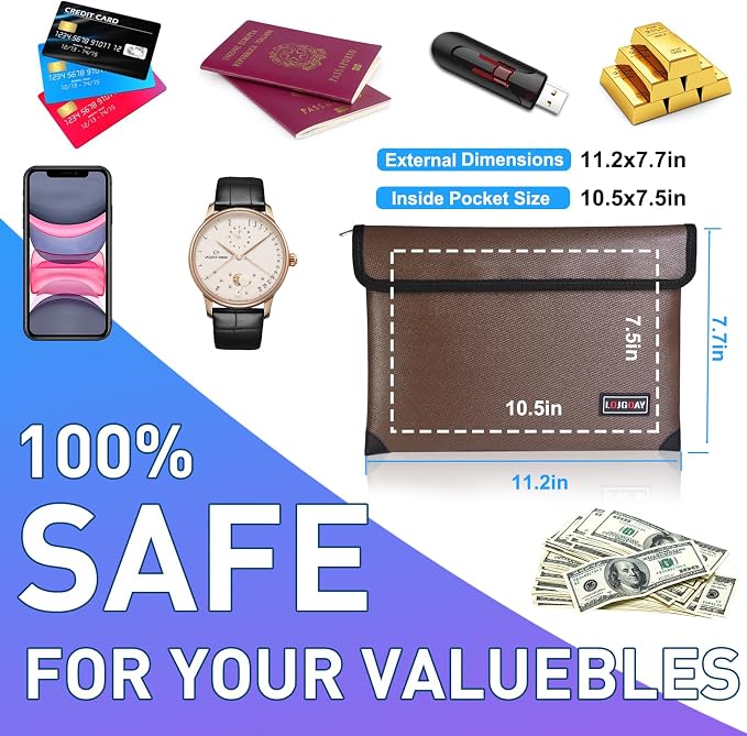 Fireproof Document Bag - with 5200°F Heat Insulated, Waterproof Fireproof Bag with Zipper, 8 Layers of Functional Materials, Fireproof Money Bag for Cash/Documents/Valuables, Fire Bag 11"x7.7" …
