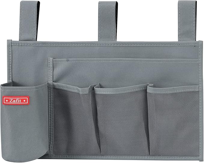 Zafit Hanging Bedside Caddy, Bedside Storage Organizer for Magazine, Phone, Remote control (5 Pockets-Grey)