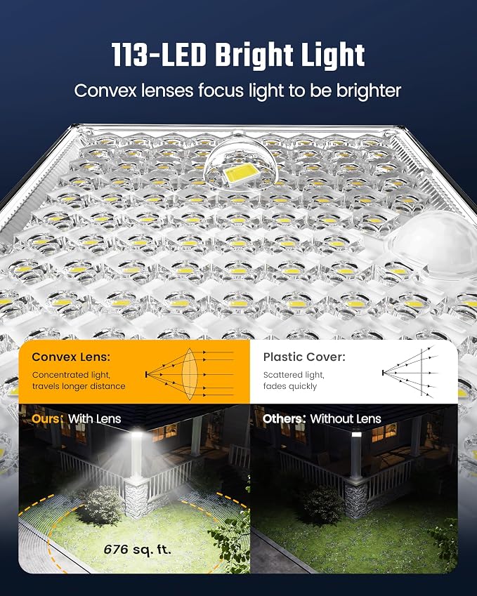 SUPERDANNY Solar Outside Lights with 113 Bright LEDs 7000K with 16ft Cable | 1 Pack, 3 Modes Motion Sensor Outdoor Flood Lights Dusk to Dawn, IP65 Waterproof, Security for Garden Barn Porch Patio