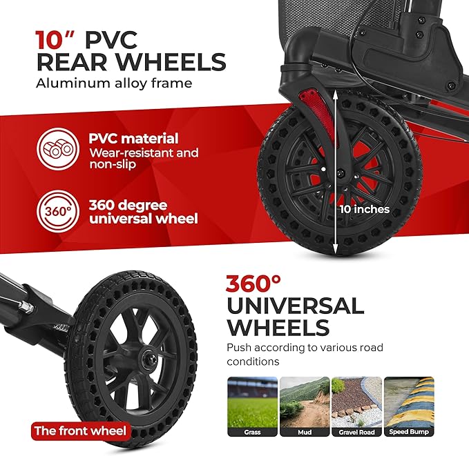 Metro Mobility Rollator Walker with Seat for Seniors, Foldable Lightweight Rolling Walker, 10" Big Front Shock-Absorbing Honeycomb Wheels for All Terrain, 300 lb. Weight Capacity, Black