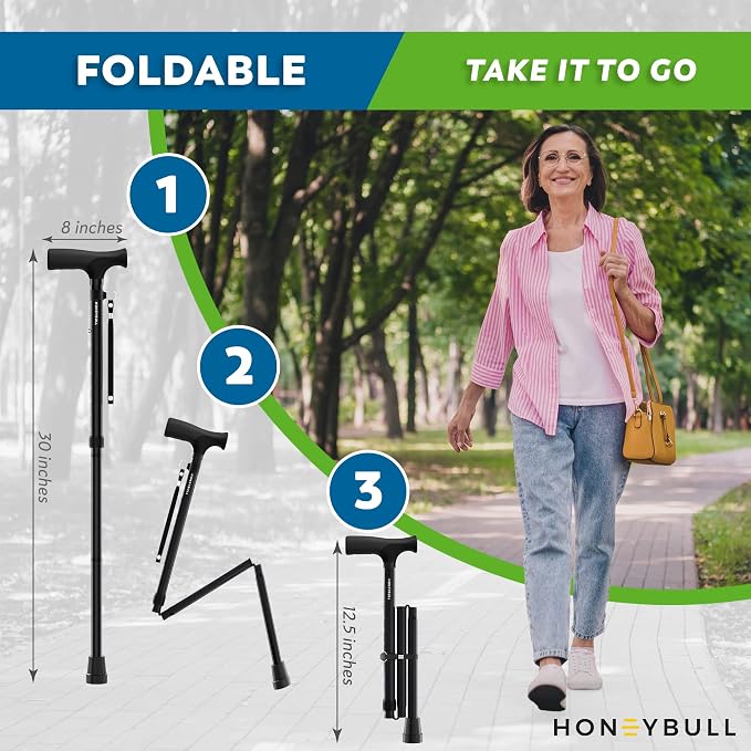 HoneyBull Walking Cane | Single Tip Canes for Men & Women, Foldable, Adjustable, Heavy Duty Up to 250 Pounds, Walking Canes for Seniors