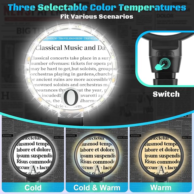 10X 30X Large Magnifying Glass with Light, Hands Free Magnifying Glass for Reading, 3 Color LED Lights Flexible Gooseneck Magnifier for Close Work Reading Sewing, 4.3in