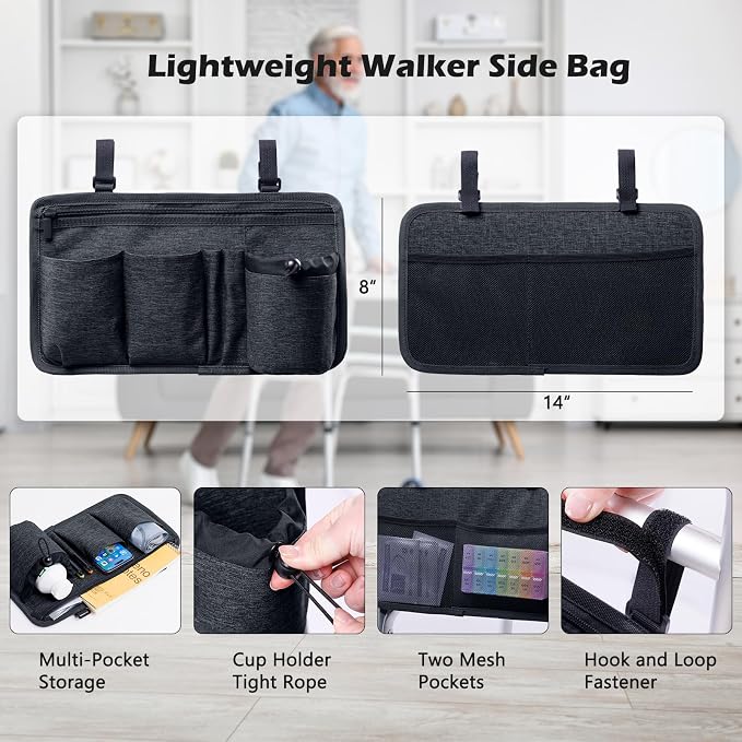 BAGSFY 2-Pack Walker Side Bag, Universal Walker Accessories with Cup Holder, Waterproof Folding Walker Organizer Caddy Pouch for Most Walkers with Side Bars, Double-Sided Storage for Seniors & Elderly
