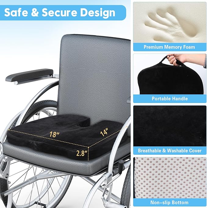 Wheelchair Seat Cushion with Memory Foam - Relieves Sciatica, Back & Tailbone Pain, Pressure Relief Design for Comfort & Posture Support, Non-Slip Bottom, 18"x14"x2.8" (Black)