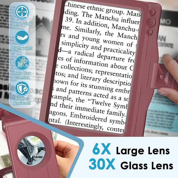 30X 6X Rechargeable Magnifying Glass for Reading, Large Full Page Magnifier with Folding Stand, 3 Color Light Modes, Dimmable LED Lighted, Hands Free Book Magnifier for Low Vision Seniors, Red