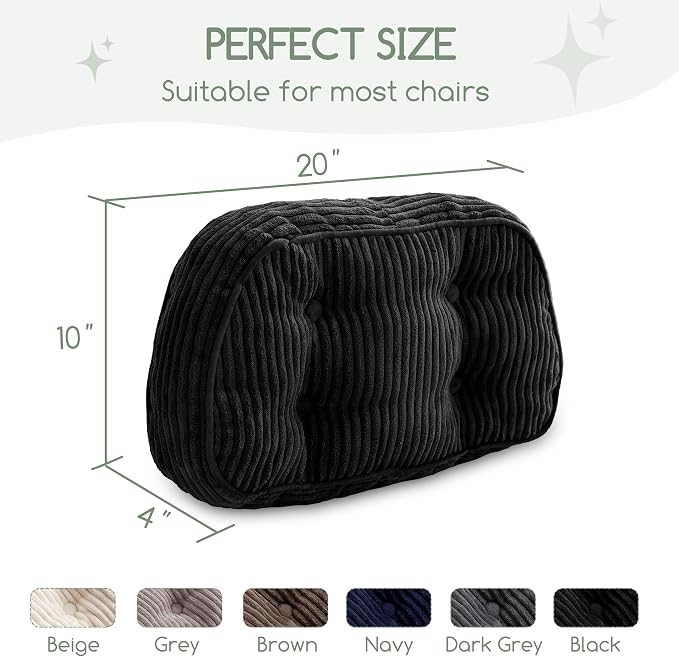 HIGOGOGO Lumbar Support Pillow for Recliner Chair/Accent Chair/Couch/Office Chair, Tufted Corduroy Back Support Cushion for Elderly, Recliner Cushions for Back Rest, Pain Relief, Reading, Black