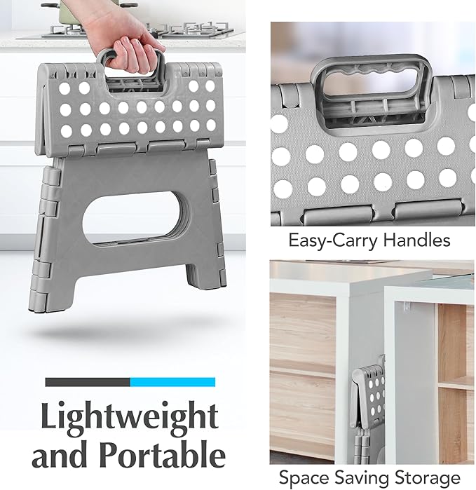Handy Laundry Folding Lightweight Step Stool - Sturdy Enough to Support Adults - Opens Easy with One Flip - Great for Kitchen, Bathroom or Bedroom (Grey - 9 Inch)
