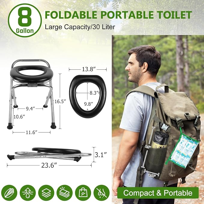 BLIKA Portable Toilet for Camping, 350LBS Stainless Steel Foldable Camp Travel Toilet with Soft Seat for Adults, 16.5-Inch Portable Toilet for Truckers, Camping, RV Travel, Road Trips, Outdoor Use