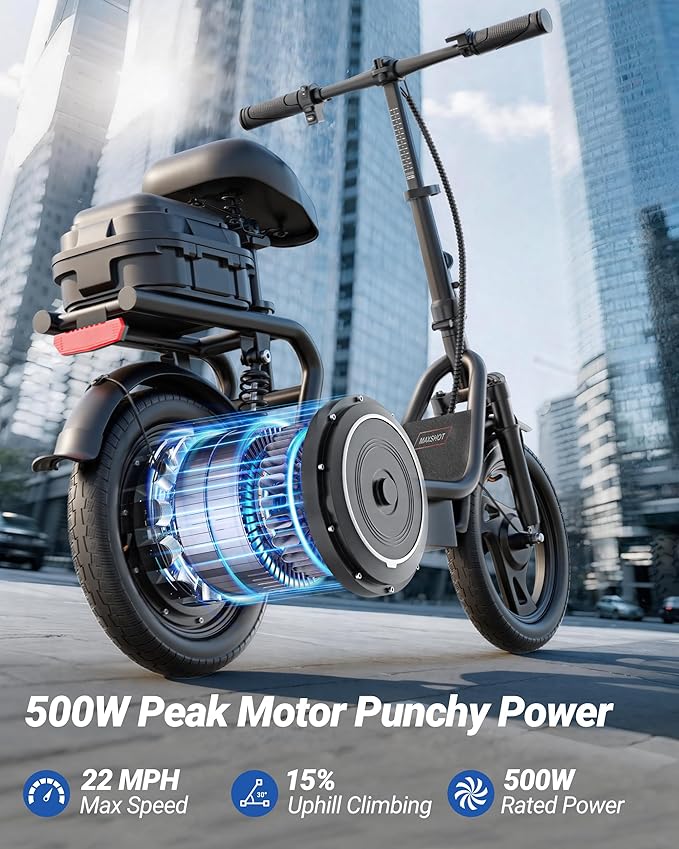 Maxshot Electric Scooter, 8.5" /10" /14" Tire, 16/19/22 Mph Top Speed, 12/16/21/27/28/49/50 Miles Long Range, Folding Escooter for Adults and Kids with Seat Bag, Dual Braking, Dual Suspension, App