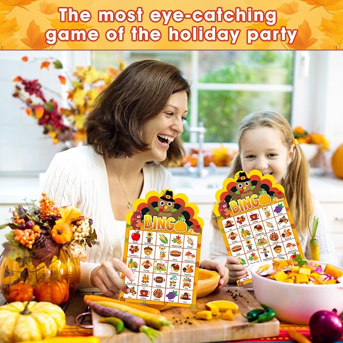 39 Pcs Thanksgiving Party Bingo Game for Adults Kids 24 Players Turkey Shaped Bingo Game Cards with Reward Stickers for Family Friends Students Large Group Activities Fall Autumn Festival Party Favors