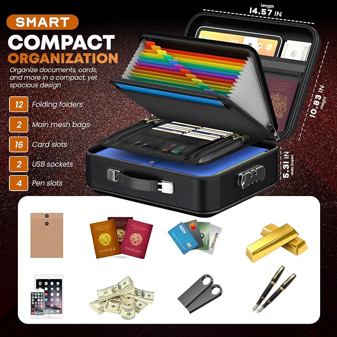 Fireproof Document Box (Hard Shell) with Lock, 8GB USB & Waterproof Zipper, 12-Layer Portable File Organizer for Important Documents, Certificates, Laptop & Passports (Black)