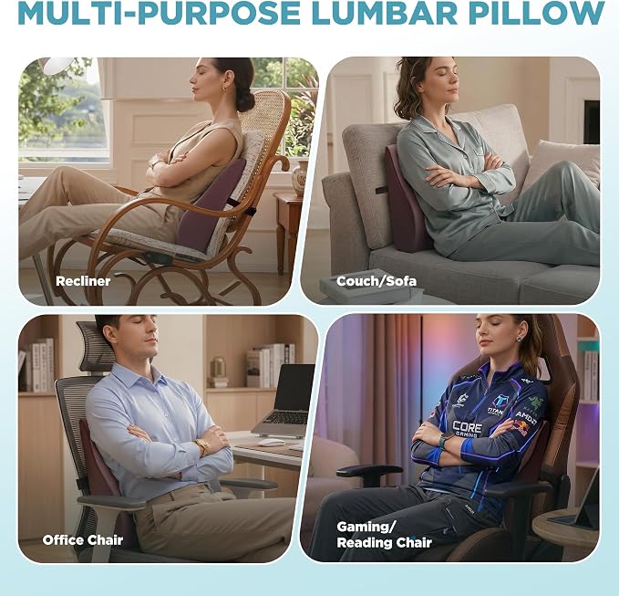 Dual-Layer Memory Foam Lumbar Support Pillow for Recliner, Coffee | Back Support Cushion with Adjustable Strap & Washable Cover, Ergonomic Lumbar Pillow for Elderly Back Pain Relief Couch Sofa