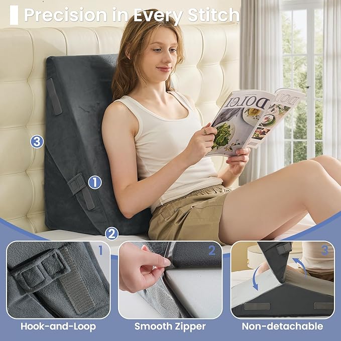 Sasttie Wedge Pillow for After Surgery, Adjustable Bed Wedge Pillow Headboard for Acid Reflux, Sleeping, Neck & Back Support, with Removable Cover, Dark Grey & Velvet