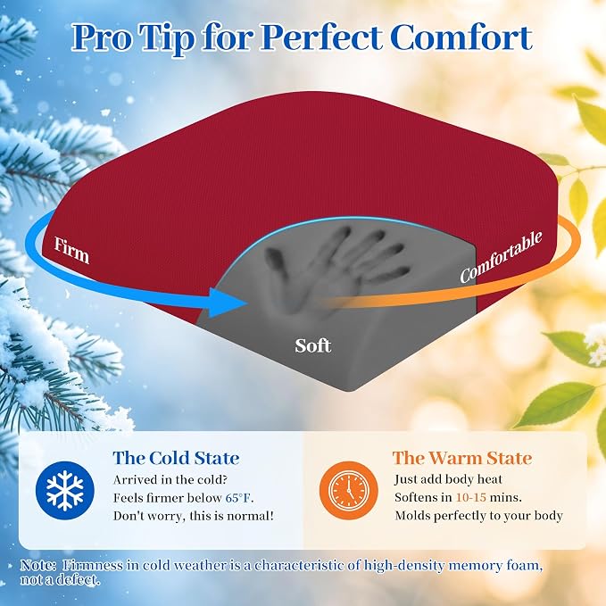 TranquilRelax Memory Foam Seat Cushion for Office Chair, 3-Inch, Red | Medium-firm Support for Long Sitting, Washable Mesh Cover, Non-slip Base, Perfect for Car Seats & Short Drivers