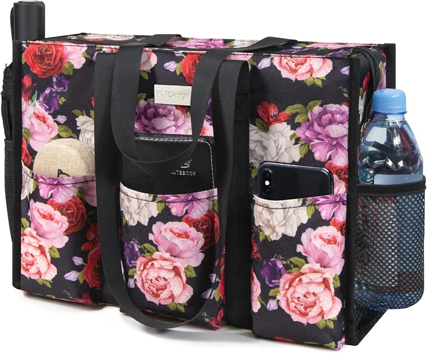 TOPDesign Utility Water Resistant Tote Bag with 13 Pockets, Top Zipper Closure & Thick Bottom Support, for Working Women