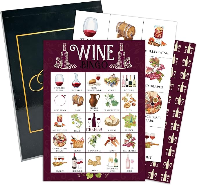 Wine Bingo Game Cards, Tasting Bingo Set for Adults Large Group, Winery Themed Fun Games, Wine Tasting Bridal Shower Party Activities, Icebreaker Games for Family Friends -24