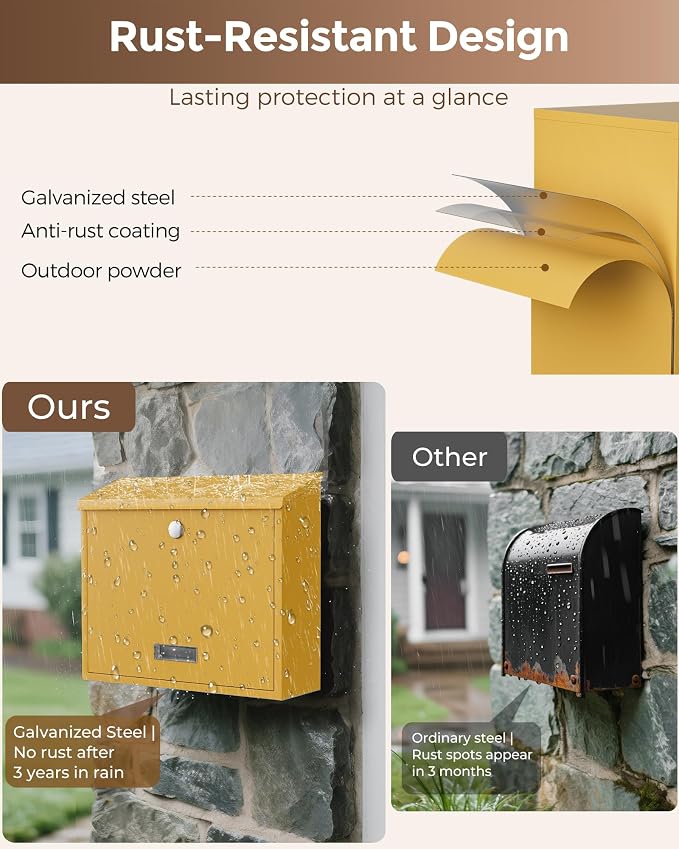 LAND·VOI Locking Wall-Mount Mailbox for Outside, with 4 Keys, Galvanized Steel Rustproof Metal Postbox, 4" Dx13.8 Wx11.2 H, Includes 3 Sets of Mailbox Numbers, Nameplate, Yellow