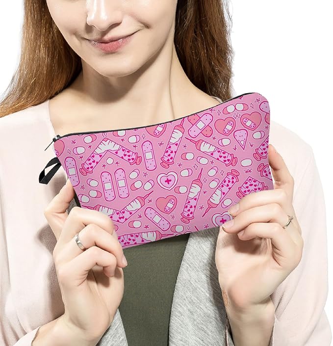 Livel lhood Pink Medical Supplies Small Makeup Zipper Bag | Pink Medical Supplies Printed Cosmetic Organizer Pouch, Medical Theme Gift for Women Friends
