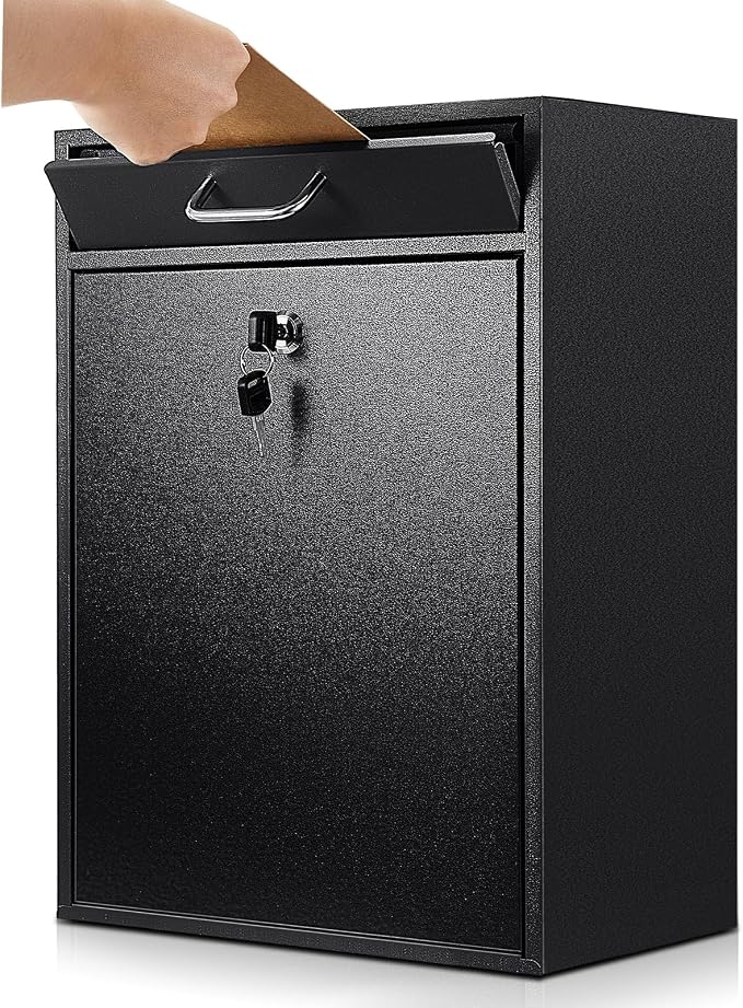 Yaocom Locking Mailbox with Key for Outdoor 18 x 15 x 7 Inches Large Wall Mount Mail Box with Lock Security Mail Drop Metal Collection Boxes Hanging Secure Postbox(Black)