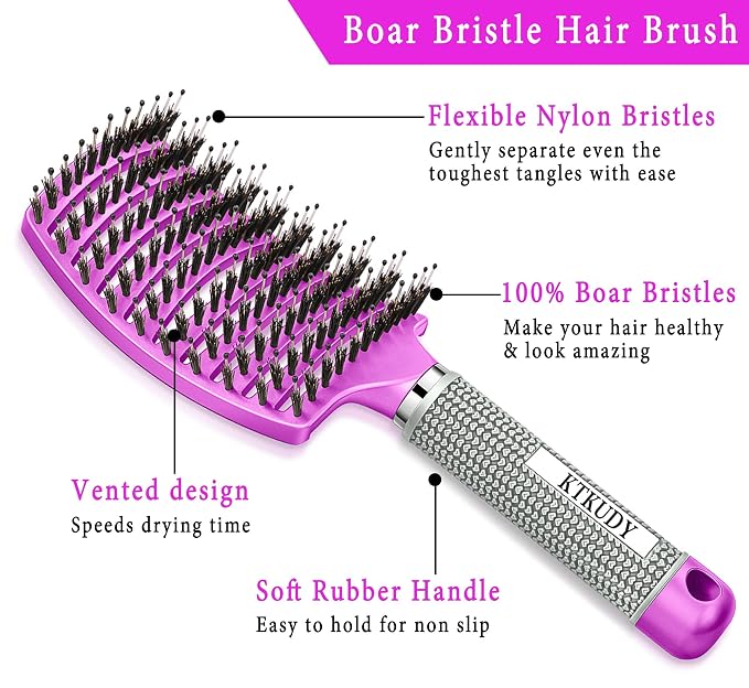 Detangling Brush for Women & Kids, Wet & Dry Hair, All Hair Types | Less pulling & breakage, Boar bristles tame frizz & add shine, Vents for faster blow-drying, Lightweight 4 oz, Non-slip grip