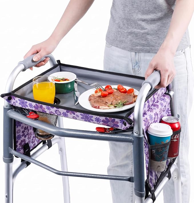 Walker Tray for Folding Walker with Cup Holder, Detachable Tray for Walker, Walker Accessories for Senior with Non-Slip Mat, Universal Fit for Meals, Drinks, Reading,Laptop (Purple with Side Pockets)