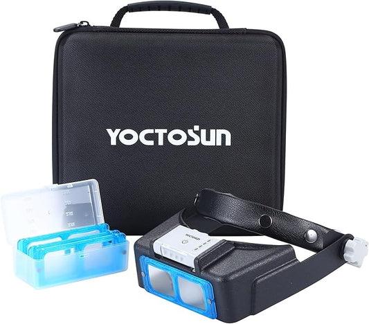 YOCTOSUN Headband Magnifier with 4 Lenses, 4 LED Lights and Storage Case, Magnifying Glasses with Light for Close Work, Hands Free Head Magnifying Visor for Hobby, Jewelers, Crafts