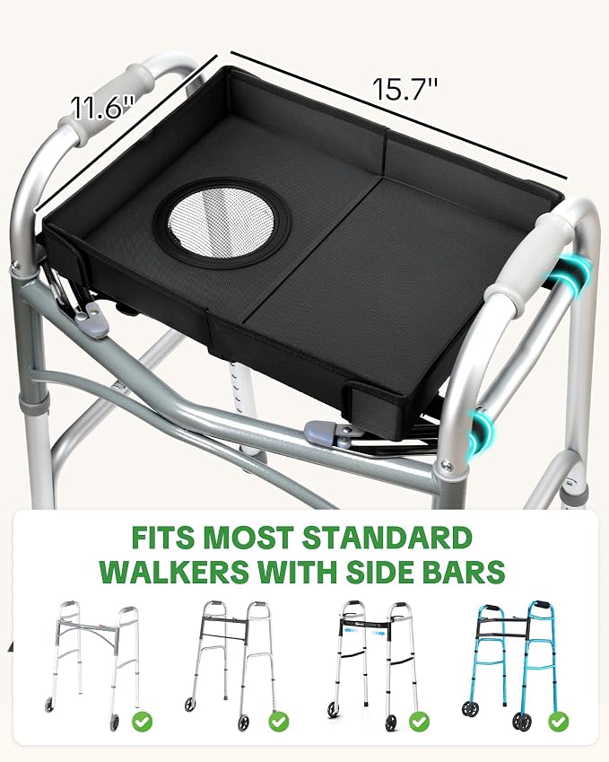 Walker Tray for Folding Walker with Cup Holder, Foldable Tray | Fits 17–19" Folding Walkers with Side Bars, Easy Install, Adjustable Straps, Spill-Resistant Surface, Lightweight for Seniors
