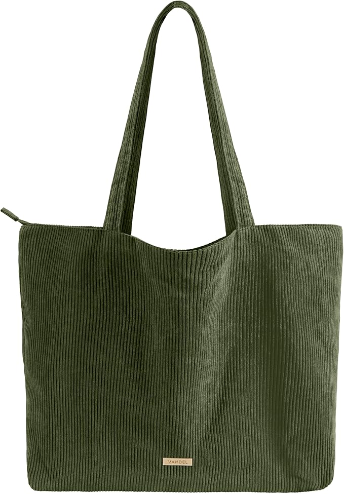 VANDEL Corduroy Tote Bag for Women and Men with Zipper and Inner Pockets. Cute School Tote Bag with Zipper, Aesthetic